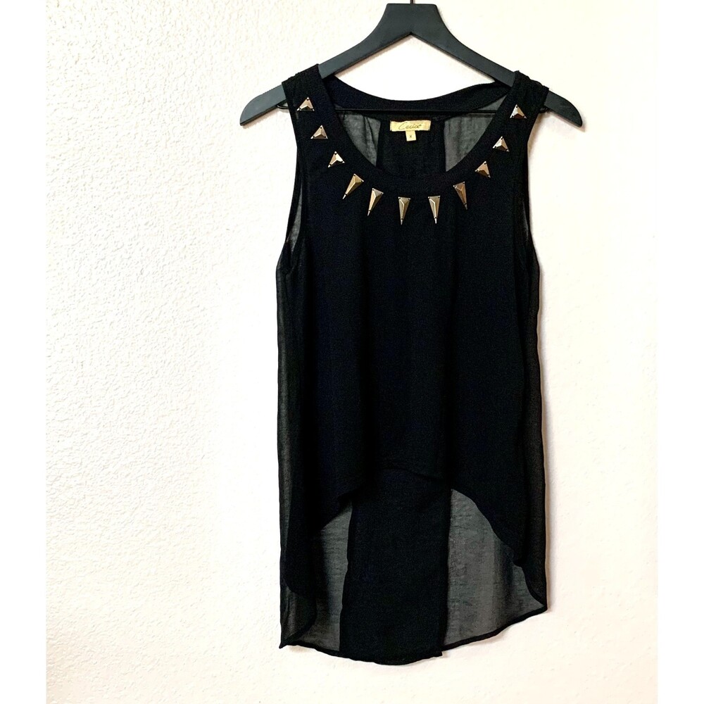 Cecico Sheer Sleeveless Blouse w/ Gold Decorations & Split on Back Size M.